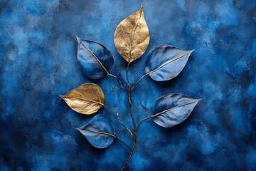 Aufkleber - Creative metallic leaf arrangement on a blue textured background showcasing artistry and elegance in home decor