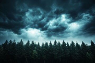 Poster - Heavy clouds hang over a dark forest where tall trees are silhouetted. Lightning flashes illuminate the stormy sky, showcasing nature's power