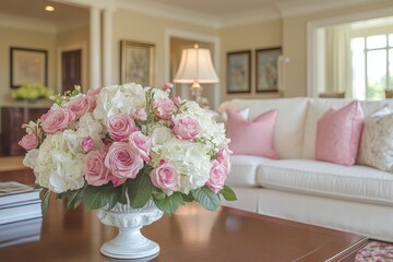 Aufkleber - Bright bouquet of pink roses and white hydrangeas on a wooden table in a cozy living room during the day