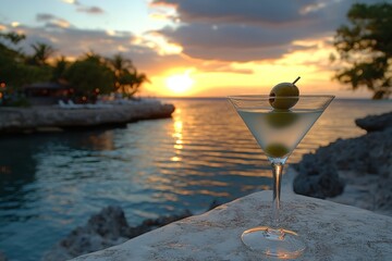 Poster - Sunset cocktail by the water, capturing the beauty of evening relaxation during a tranquil moment