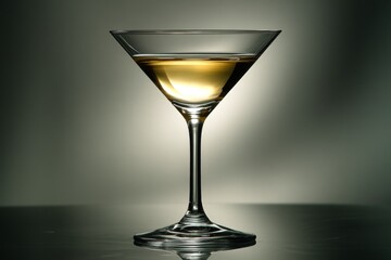 Poster - Elegant martini glass filled with golden liquid on a reflective surface against a soft-lit background