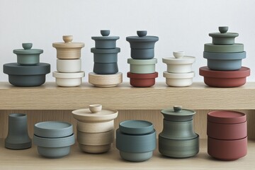 Poster - Unique ceramic storage containers arranged neatly on a wooden shelf in a modern home setting