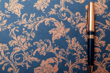 Poster - Elegant writing pen placed on ornate blue and gold floral patterned surface in a stylized workspace design