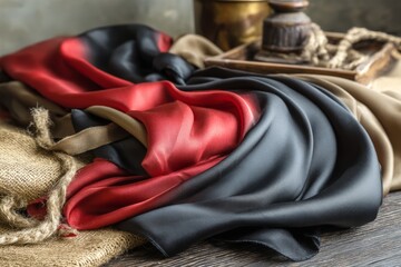 Aufkleber - Soft silk fabric in black, red, and beige draped elegantly on a wooden table with rustic decor