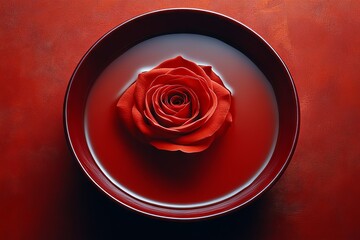 Poster - Red rose floating in water on a deep red plate creating a vibrant, artistic display