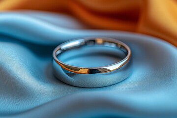 Aufkleber - Shiny silver ring resting on soft fabric with warm colors