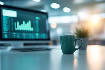 Poster - Modern workspace showcases a computer displaying an analytics dashboard, a ceramic mug, and a small plant, all bathed in soft natural light