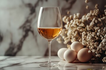 Aufkleber - Elegant arrangement of wine glass, eggs, and decorative flowers on a marble surface during afternoon light