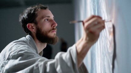Poster - A focused artist applies brushstrokes on a canvas, enveloped by colorful AI projections in an inspirational studio setting. The interplay of technology and art ignites the creative process