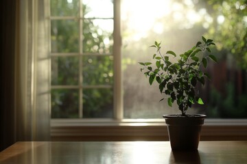 Poster - Soft, natural light streams into a room with a large window, highlighting a potted plant on a table. The peaceful scene offers ample space for text display