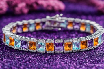 Poster - Elegant bracelet with colorful gemstones displayed on a vibrant purple background in a close-up shot