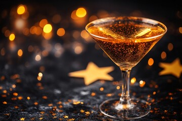 Poster - Sparkling cocktail on a dark table with golden stars and festive lights for celebration