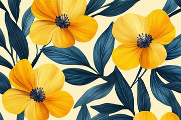 Aufkleber - Vibrant yellow floral pattern showcasing detailed paintings of flowers and leaves on a soft background