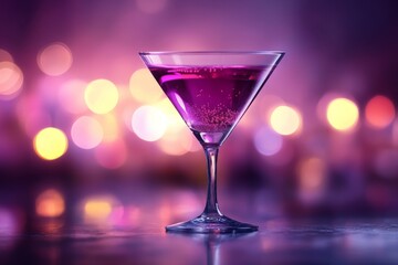 Aufkleber - Cocktail in a stylish glass with vibrant purple liquid in a lively bar at night
