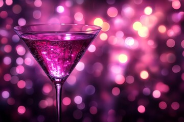 Poster - Sparkling cocktail in a sleek glass with purple bokeh background during a festive celebration
