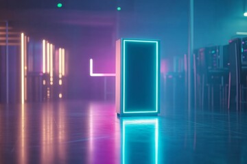 Poster - A minimalist data center showcases a sleek server rack with glowing blue and green LEDs. Polished floors reflect the vivid lighting, enhancing the high-tech atmosphere