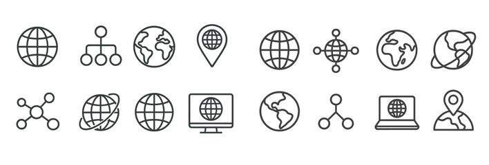 Fototapete - Set of line style web icons showcasing various global connectivity elements and digital interaction symbols