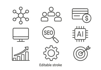 Poster - Set of web icons depicting various digital concepts in line style design for modern applications
