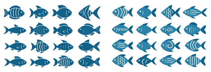 Leinwandbilder - Collection of web icons representing various fish designs in a clean line style for digital use
