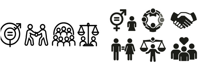 Poster - Set of web icons illustrating social equality, community interaction, and justice in a clear line style for digital representation