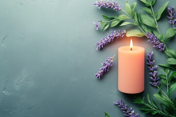 Aufkleber - Lavender candle surrounded by fresh sprigs on light gray background in a serene setting