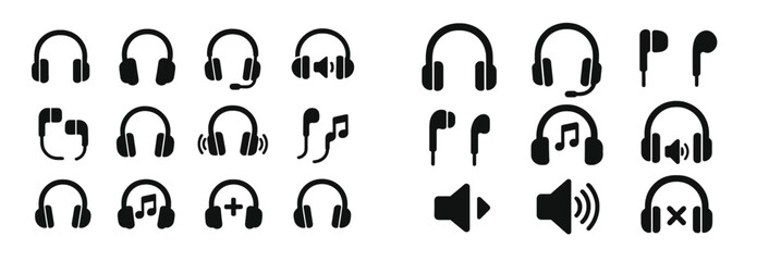 Fototapete - Collection of web icons featuring headphones, earphones, and music symbols in a clean, line style design suitable for various digital projects