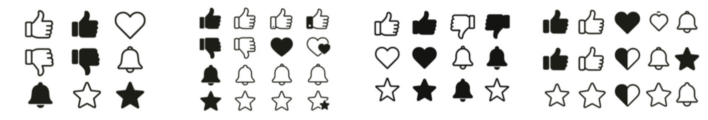Aufkleber - Collection of line style web icons featuring thumbs up, hearts, bells, and stars for digital communication