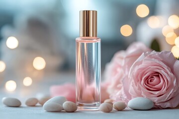 Aufkleber - Elegant perfume bottle surrounded by roses and pebbles in a softly lit setting showcasing luxury and beauty