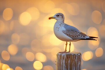 Poster - Seagull perched on a wooden post at sunset with shimmering water in the background