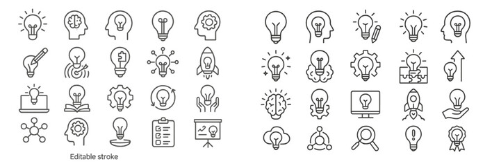 Poster - Set of web icons showcasing creative ideas and innovation in line style with various representations of light bulbs and gears