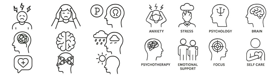 Poster - Collection of web icons representing mental health concepts including therapy, anxiety, and self care in a simple line style design