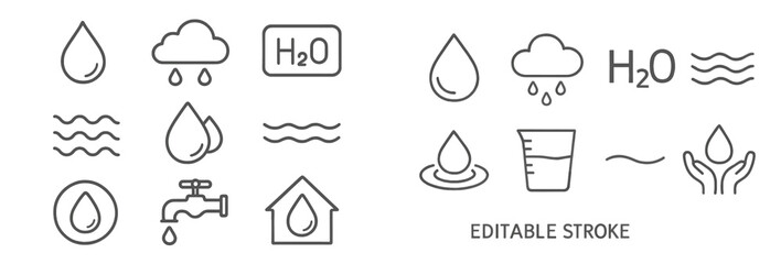Poster - Collection of line style web icons representing water, rain, and liquid-related concepts for digital design