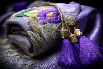 Poster - Intricate purple embroidered textile showcasing stunning floral patterns and decorative tassels