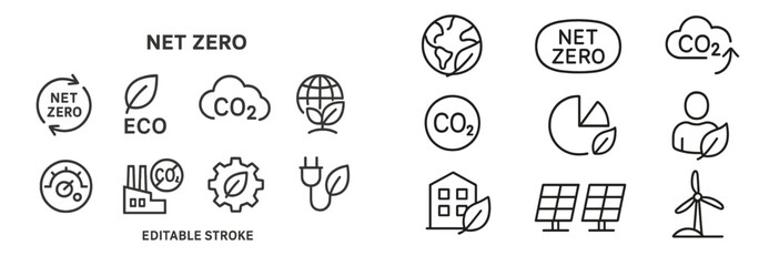 Poster - collection of web icons showcasing net zero concepts and eco-friendly symbols in line style suitable