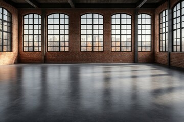 Leinwandbilder - Wide shot of a bright industrial loft featuring polished concrete floors and exposed brick walls, creating a modern and open atmosphere perfect for creativity