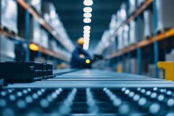 Poster - A technician assembles components at a workstation beside an automated conveyor belt in a well-lit, spacious warehouse, showcasing streamlined operations