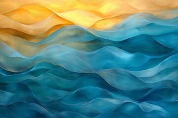 Poster - Colorful waves of blue and golden hues flow together in a vibrant abstract art piece