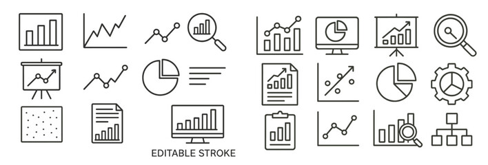 Fototapete - Web icons depicting analytics, graphs, and data visualization in line style for digital projects and applications