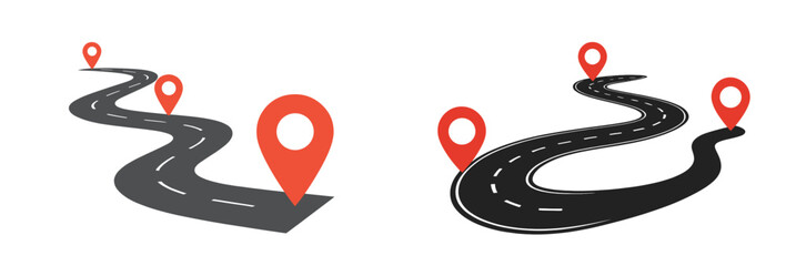 Poster - Set of web icons depicting line style roadways with location markers for navigation and map services