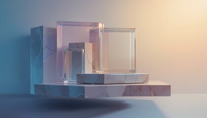 Poster - Elegant glass structures displayed on a marble surface modern art exhibition minimalist design studio setting aesthetic viewpoint contemporary concept