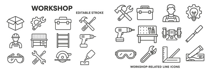 Poster - Collection of workshop line style web icons featuring tools, safety gear, and equipment for DIY projects and repairs