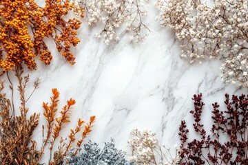 Poster - Colorful dried flowers arranged on a marble surface showcasing nature's beauty in a serene setting