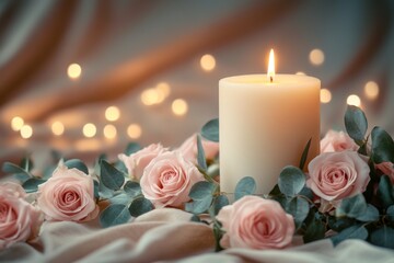 Poster - Elegant candle surrounded by pink roses and soft bokeh lights for romantic ambiance at nighttime gathering
