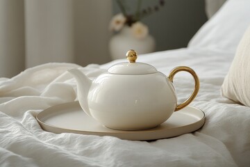 Aufkleber - Elegant white teapot rests on a tray in a serene bedroom setting with soft linens and gentle decor