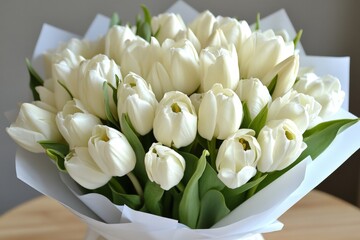 Poster - Beautiful bouquet of white tulips arranged elegantly for a special occasion indoors