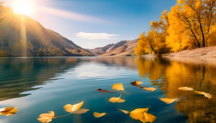 Poster - Serene lake surrounded by autumn foliage and mountains