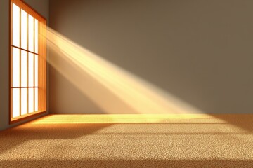 Leinwandbilder - Natural light streams through an open window in a minimalist room, creating soft shadows on a warm-toned carpet