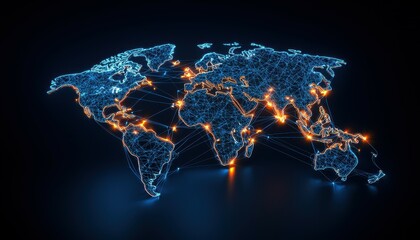 Poster - Futuristic digital world map with glowing network connections in blue and orange.