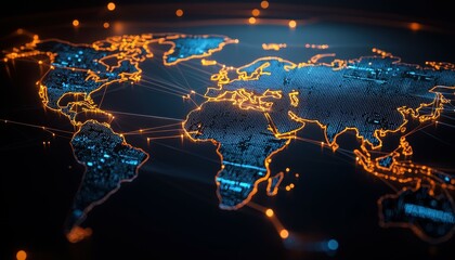 Poster - Illuminated digital world map with glowing connections and data points.