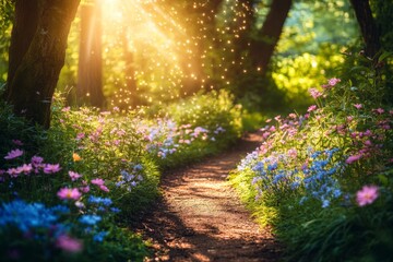 Aufkleber - Magical forest pathway filled with blooming flowers and warm sunlight during daytime